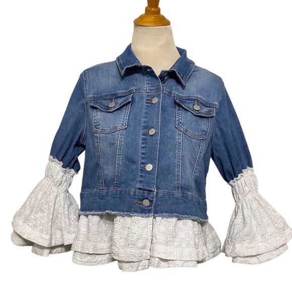 crown & ivy Jackets & Blazers - Crown & ivy Denim Jacket Ruffle Eyelet Peplum Jean Stretch Blue White size L